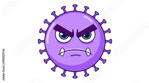 Furious Purple Germ Cartoon with Fangs and Angry Brows, Evil Bacteria Icon, Stock Vector Illustration