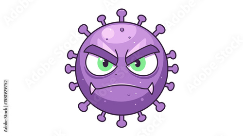 Angry Purple Virus Cartoon Character, Cute Mascot, Vector Illustration on White Background, Stock Vector
