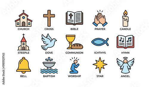 Christian symbols icons set featuring church, cross, bible, and more