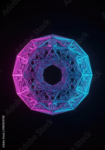 Abstract digital rendering featuring a complex geometric structure that confuses spatial awareness and generates a mesmerizing visual illusion of infinite depth, volume, perspective, 3D