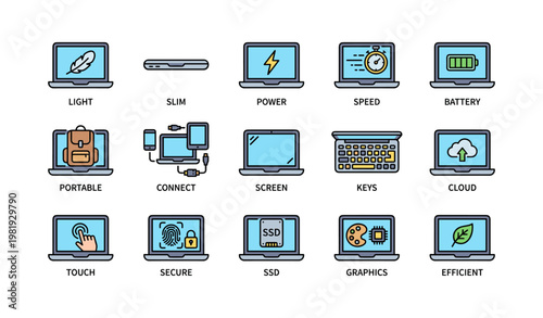 Technology icons: laptops featuring power, speed, battery, and cloud connectivity