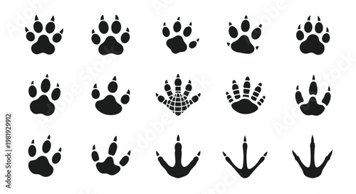 Collection of Diverse Animal Paw Print Icons and Silhouettes
