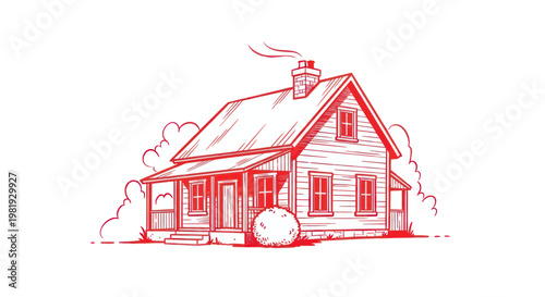 Cozy Red Sketch of a Wooden House with Smoking Chimney and Round Bush