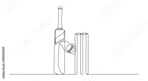 Cricket Bat, Ball, and Wicket - Continuous Line Drawing