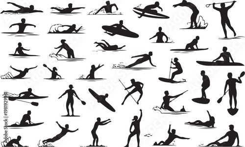 Collection of various people in different water sports isolated on white background