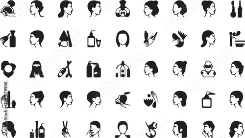 A collection of black and white icons depicting various beauty and hair care related actions isolated on white background