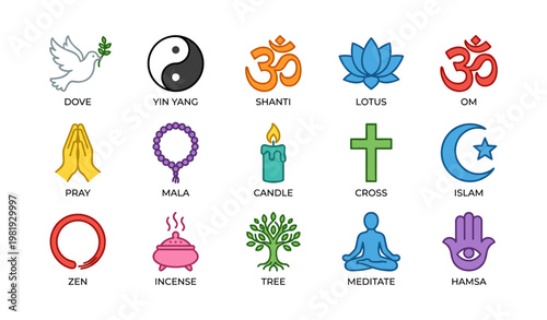 Spiritual symbols collection with dove, yin yang, om, lotus, and more
