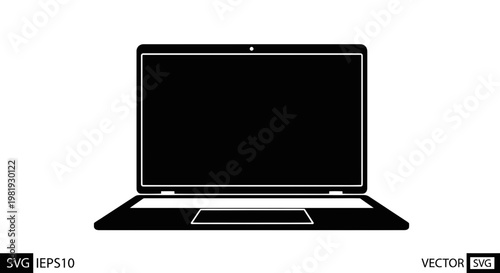 Modern laptop computer silhouette, isolated on white background, digital device icon