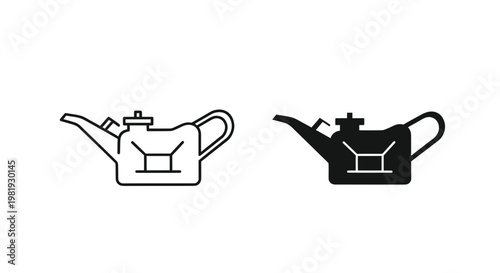 Oil Can Icon Set: Line Art and Solid Silhouette