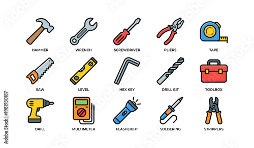 Colorful set of essential hand tools including hammer, wrench, and screwdriver