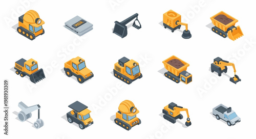 Collection of isometric construction and mining vehicles and equipment, isolated on white background.