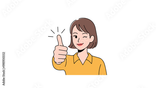 Happy young woman with short brown hair gives an enthusiastic thumbs up gesture and winks with a friendly positive smile.