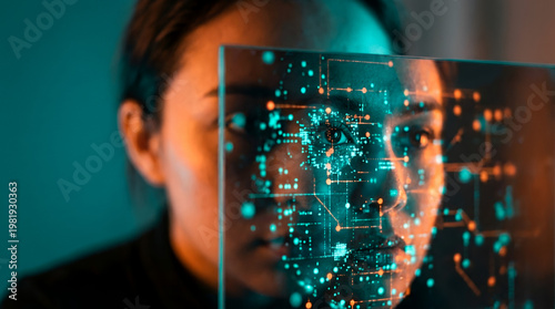 A person's face is obscured by a digital interface, representing artificial intelligence and advanced technology