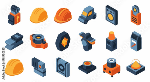 Collection of isometric icons representing industrial equipment, safety gear, and machinery components.