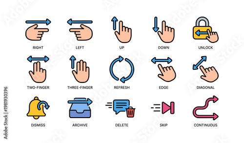 Gesture icons: swipe unlock refresh archive delete skip dismiss continuous