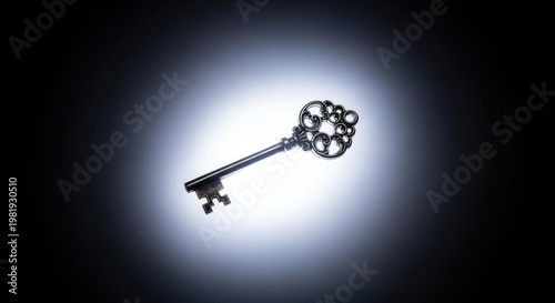 An antique silver key floats motionlessly within a gradient of soft, white light, symbolizing deep subconscious thought and the entry into a dream state, dream, hazy, gradient