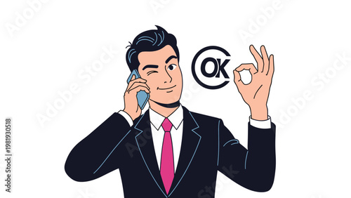 Confident businessman in a suit talks on his phone while making an okay gesture and winking with an ok icon background.