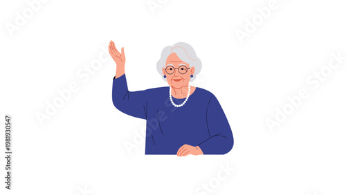 Cheerful elderly woman with grey hair and glasses wearing a blue sweater waves her hand with a friendly welcoming smile.