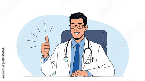 Friendly male doctor in a white lab coat sitting at his desk gives a positive thumbs up gesture with a warm caring smile.