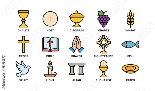 Christian symbols: chalice, cross, bible, prayer, eucharist, fish, dove, light, altar
