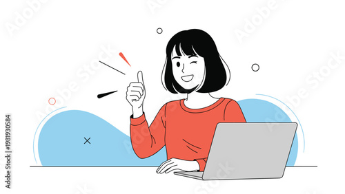 Happy young woman in a red sweater sits at her laptop and gives an enthusiastic thumbs up gesture with a playful wink.