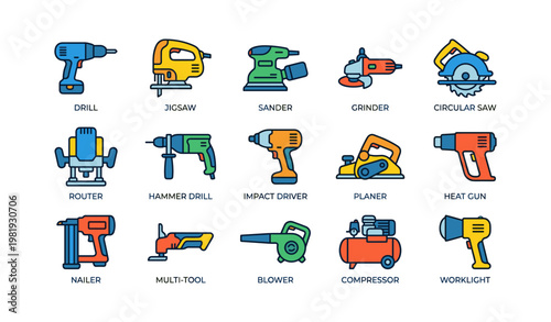 Collection of colorful power tools: drill, jigsaw, sander, and more