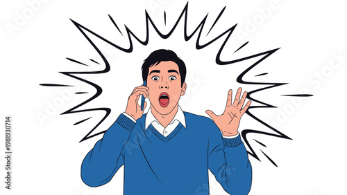Shocked young man in a blue sweater talks on a mobile phone with a wide mouth and raised hands in total surprise or fear.