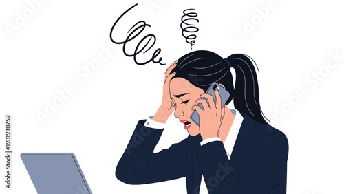 Stressed professional businesswoman on the phone holds her head with a confused expression and scribbled lines above her.