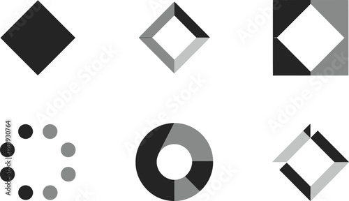 A collection of monochromatic geometric shapes including rhombuses circles and loading indicators for web interface elements