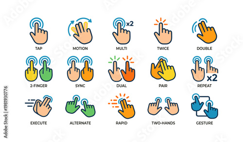Hand gestures icons set featuring various touch movements and actions