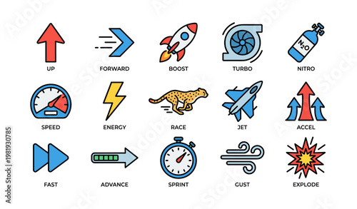 Colorful boost and speed symbols including rocket, cheetah, and stopwatch