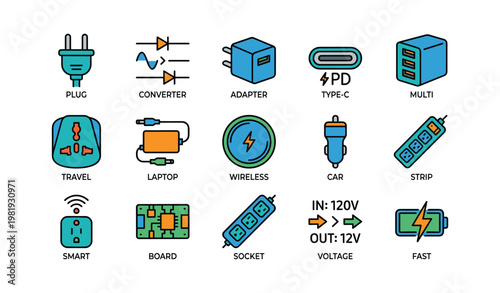 Electronic accessories icons: plug, adapter, converter, type-c, wireless, car