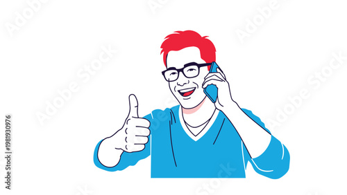Young man with red hair and glasses talking on mobile phone and giving thumbs up sign with happy smiling expression.