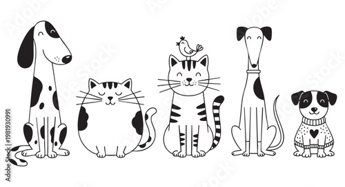 Cute hand drawn pets collection with dogs and cats isolated on white