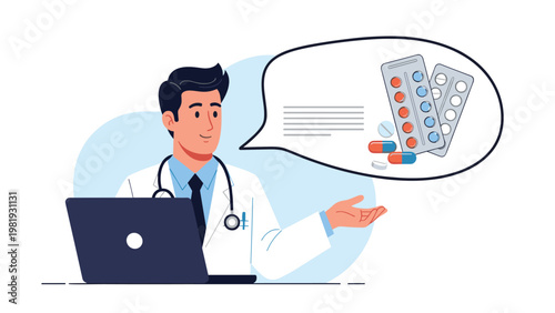 Male doctor in white coat at laptop gesturing to speech bubble containing various blister packs and medical pills.