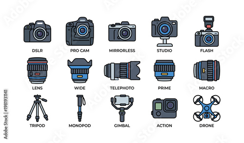 Camera equipment icons featuring dslr, mirrorless, lenses, tripod, and drone