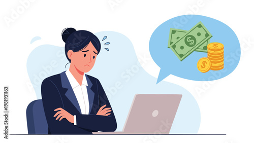 Sad businesswoman sitting at laptop thinking about money issues shown in a thought bubble with cash and gold coins.