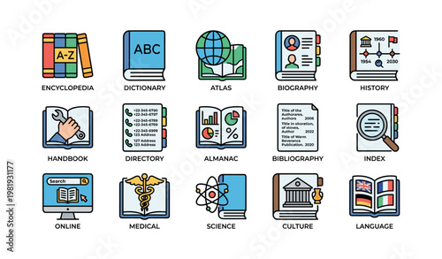 Collection of educational book icons featuring various subjects and themes