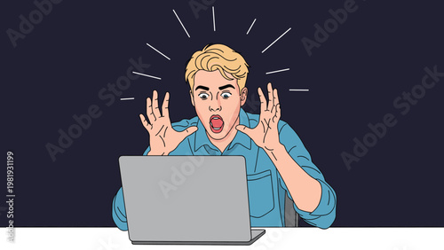 Shocked young man looking at laptop screen with mouth open and hands raised in disbelief against a dark background.