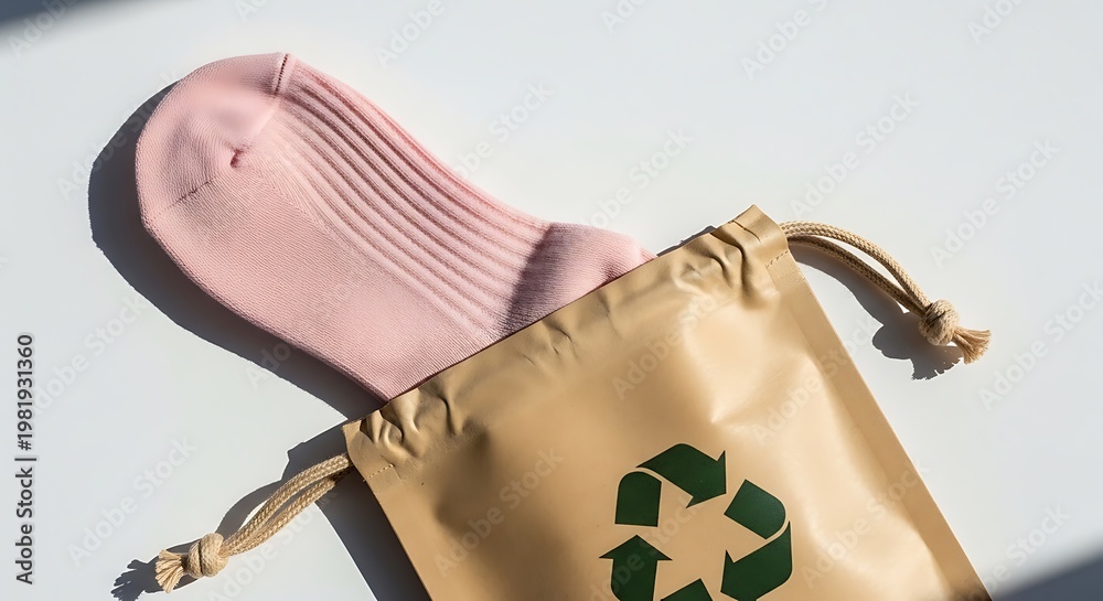 Naklejka premium Pink sock in a recyclable brown bag with green recycle symbol on it