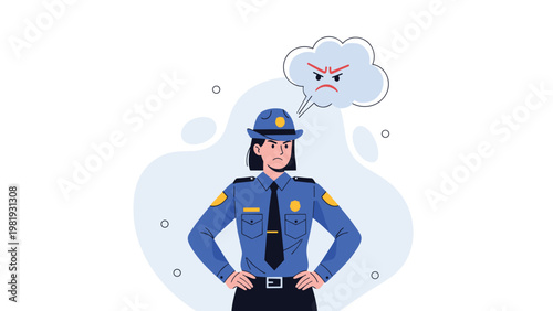Serious policewoman in blue uniform with arms on hips and angry thought bubble above her head on white background.