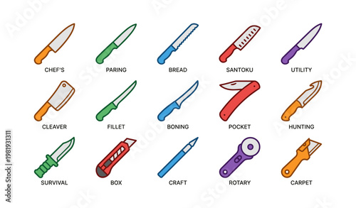 Colorful knife collection featuring various types and uses