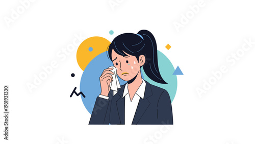 Sad businesswoman in suit crying and wiping tears with a tissue against a colorful geometric background at work.