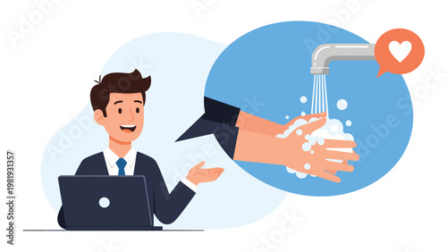 Happy businessman at laptop gesturing towards speech bubble showing hand washing with soap and a red heart icon.