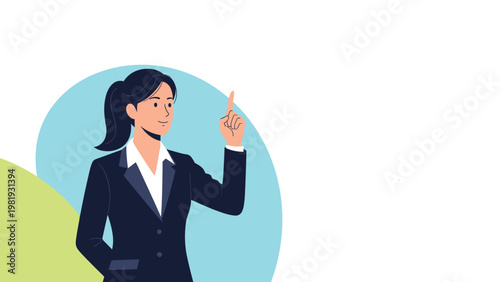 Professional businesswoman in dark blue suit pointing finger upwards with confident smile against blue circle background.