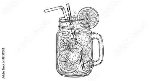 Hand drawn lemonade in a mason jar with mint, ice cubes and lemon slices
