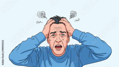 Extremely stressed man in blue sweatshirt clutching his head in panic with sweaty face and chaotic scribbles background.