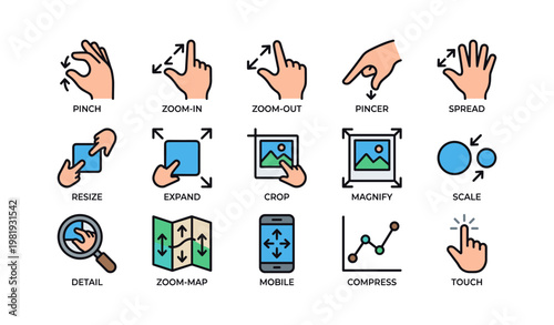 Set of user interface gesture icons for touchscreen interaction