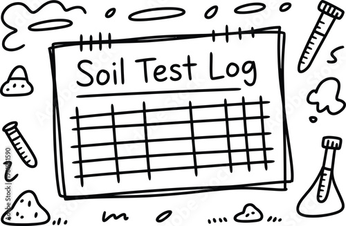 A hand drawn sketch of a soil test log document featuring scientific analysis equipment and samples
