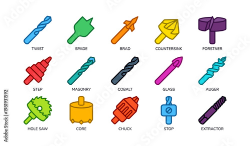 Colorful assortment of drill bits with labels for various applications